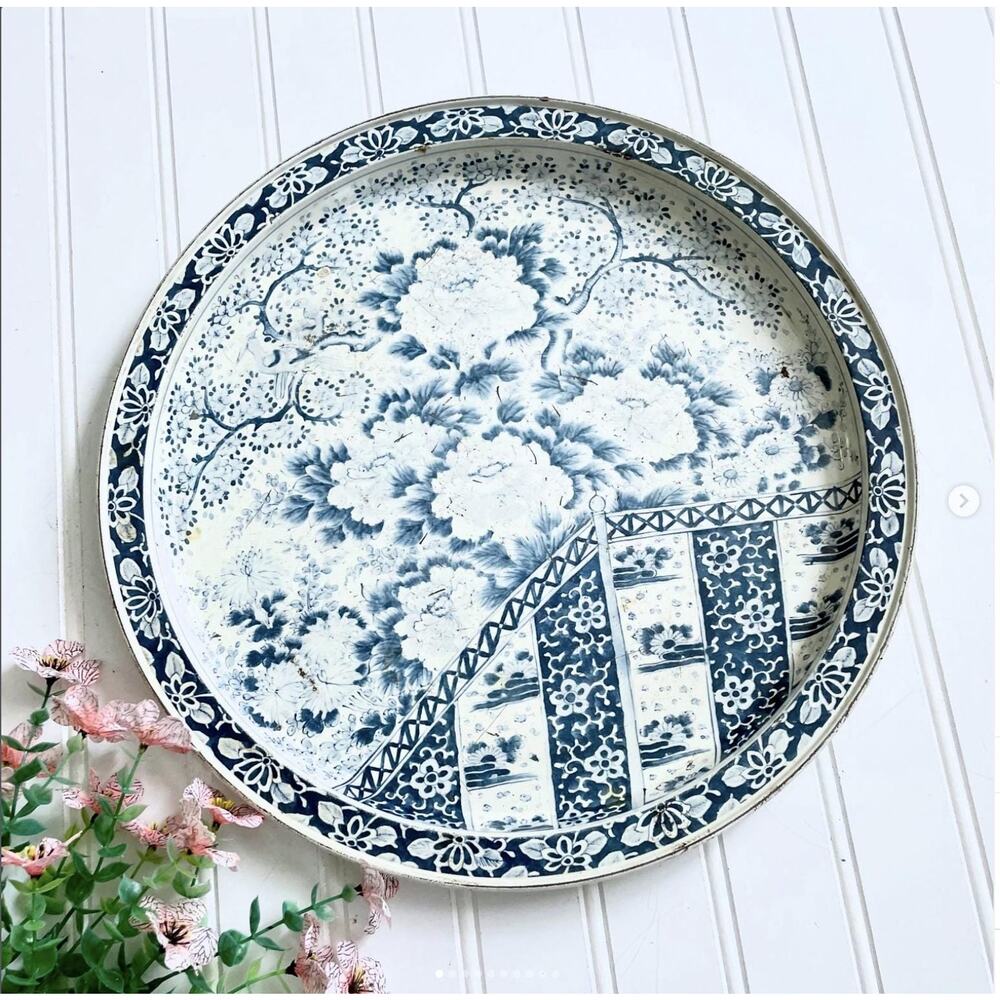 Vintage Fabcraft Ming Dynasty Floral Design Metal Tin Tray Blue White Asian
